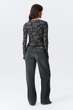 Black Polka Dots - Ruched Printed Mesh Top - 2