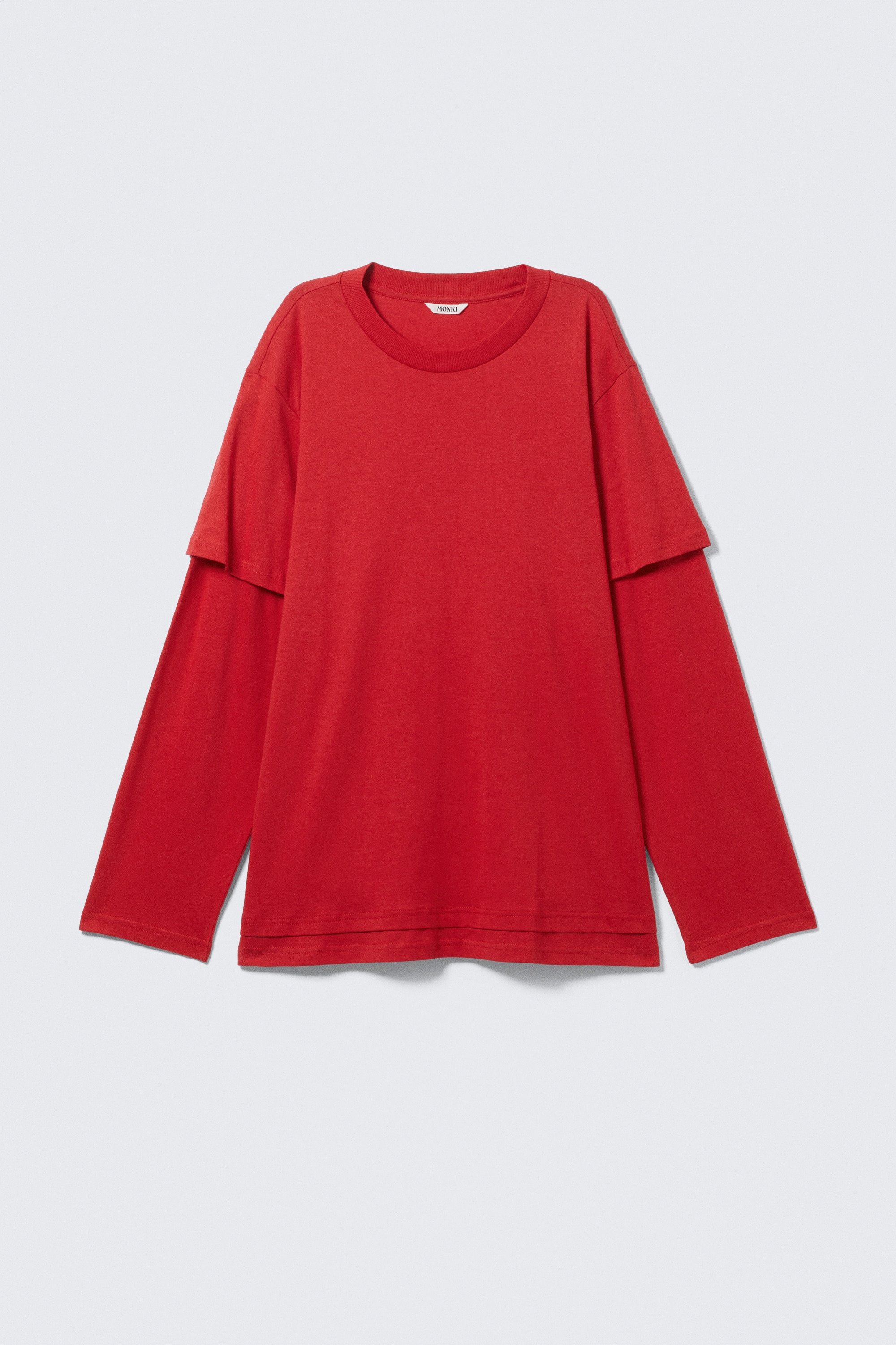 T-shirt en coton à manches longues superposé - Rouge vif/Rose poudré clair