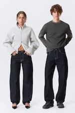 Blue Rinse - Dark Blue - Nebula Mid Rise Loose Barrel Leg Unisex Jeans - 0