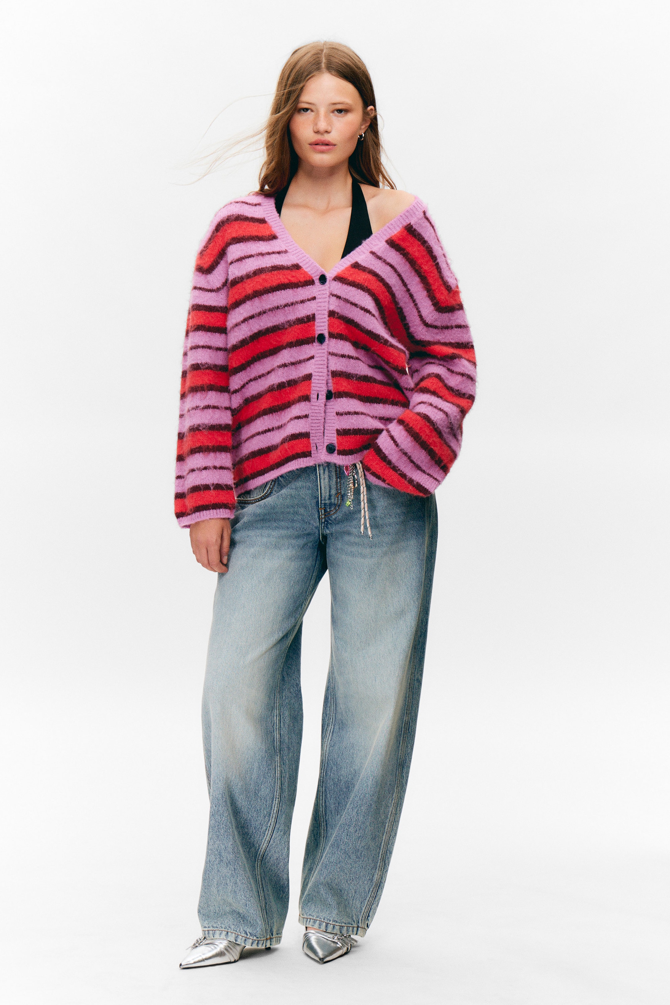 Pink & Red Stripe - Fluffy knit cardigan - 0