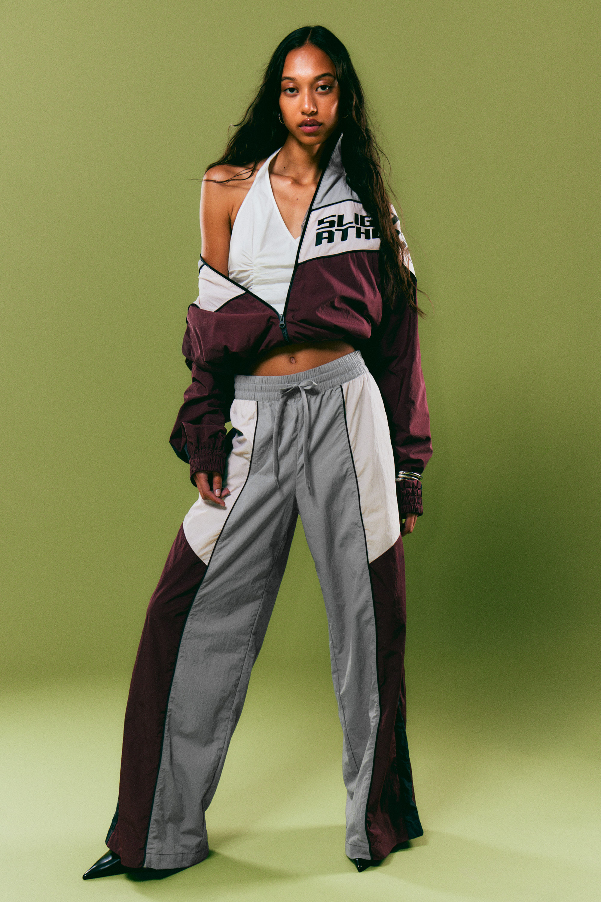 Grey/Pink/Red - Low Rise Wide Leg Colourblock Trousers - 2