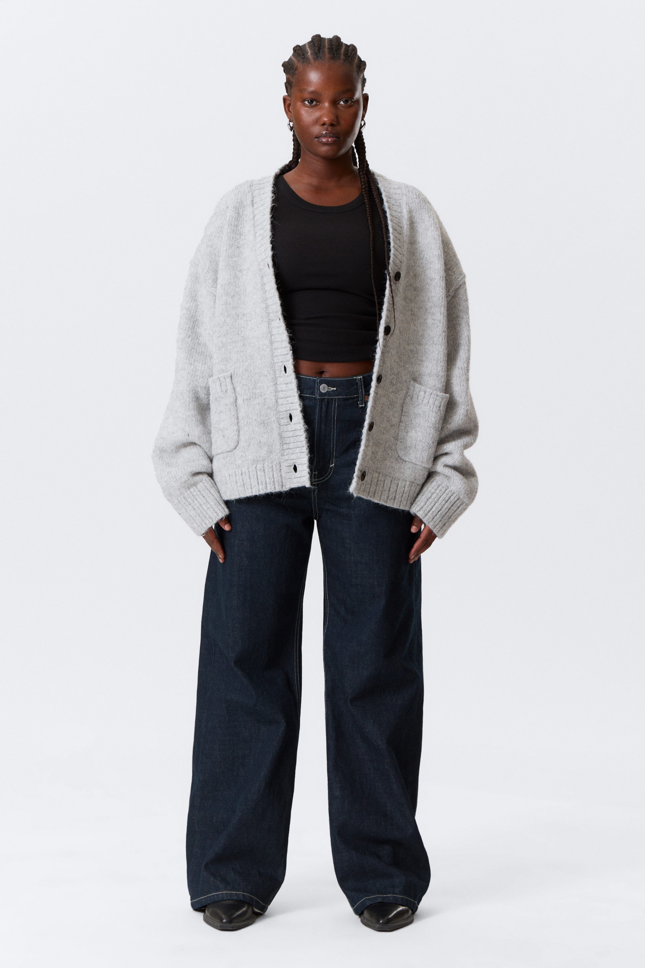 Grey Melange - Loose Fit Knitted V-neck Cardigan - 2