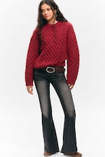 Bright Red - Long Cable Knit Textured Sweater - 1