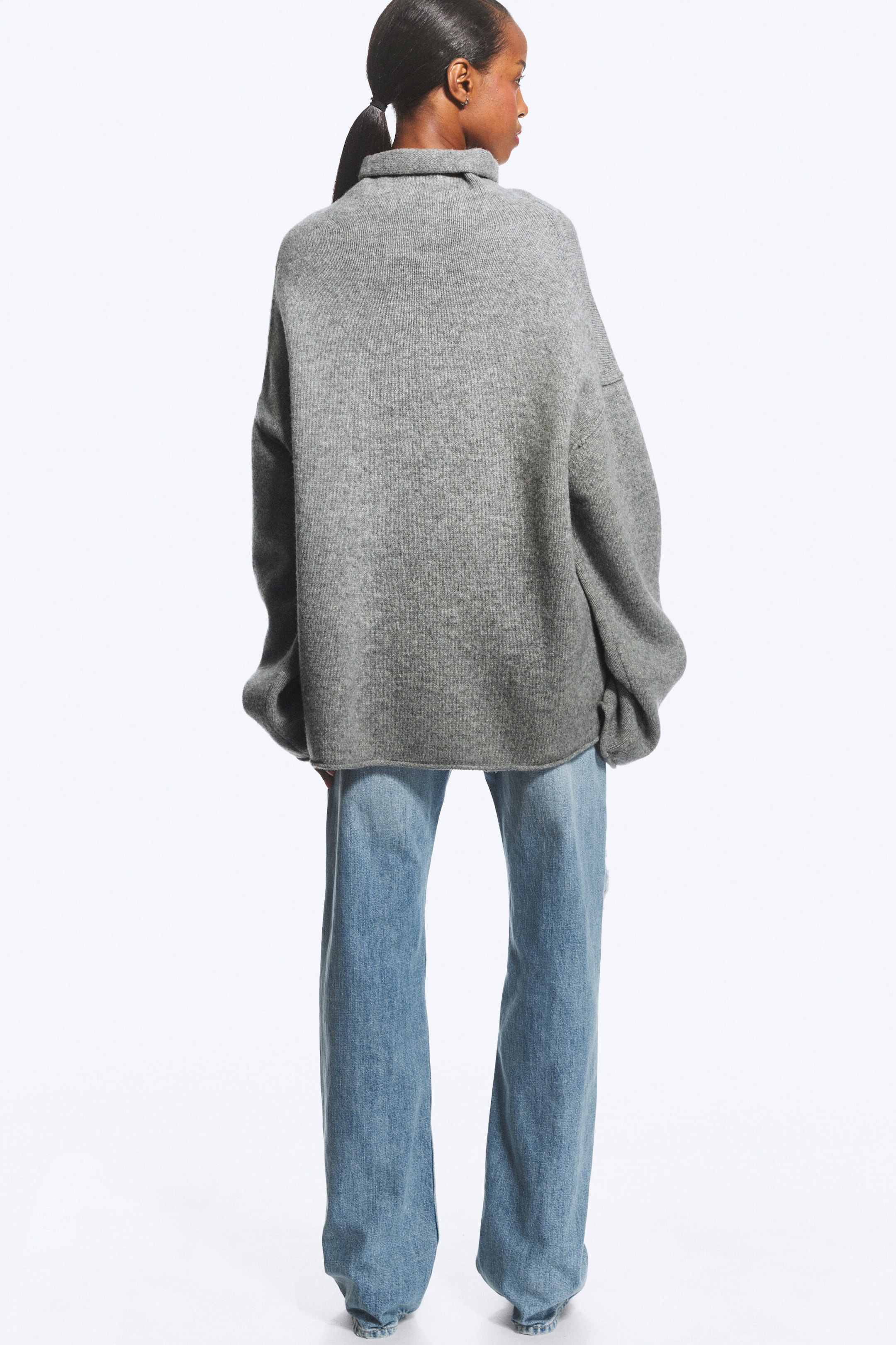 Grey Melange - Loose Wool Turtleneck Sweater - 3