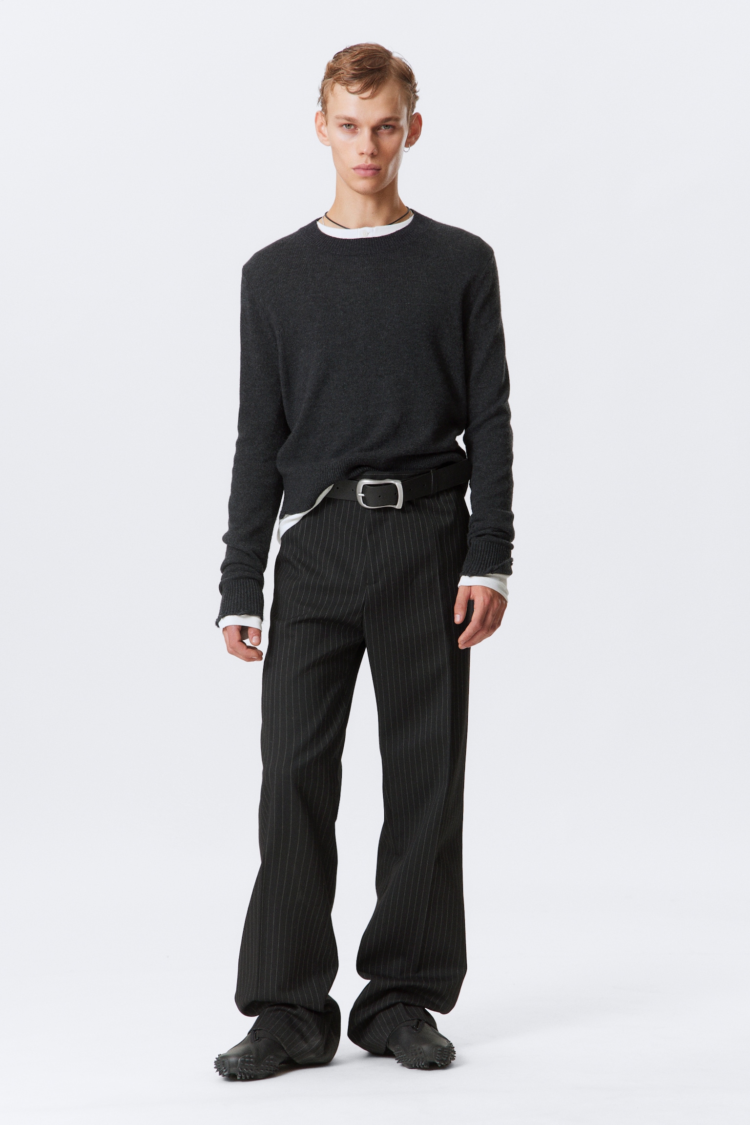 Relaxed Pleated Suiting Trousers - Black Pinstripe