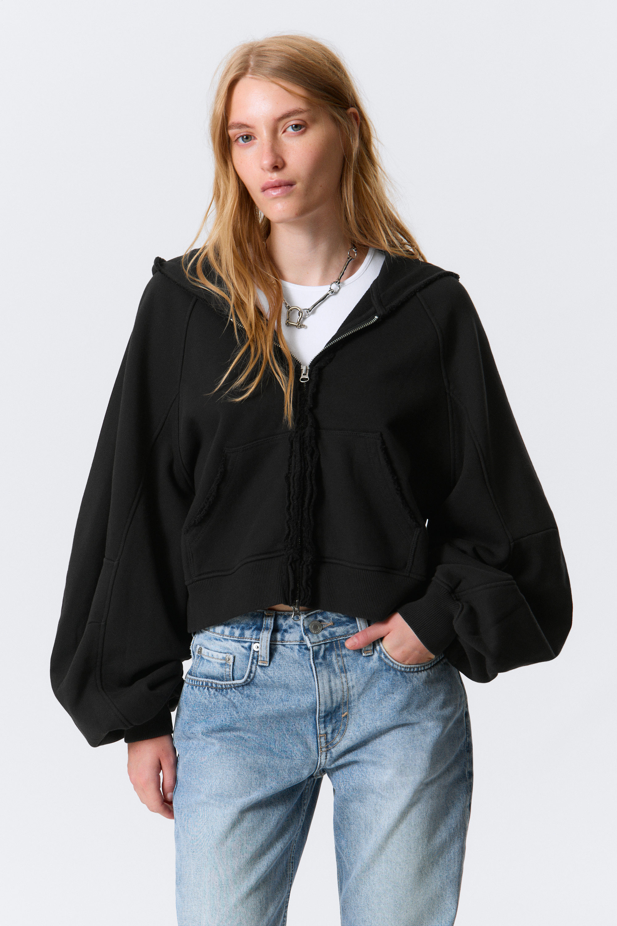 Black - Oversized Cropped Frayed Zip Hoodie - 1