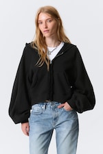 Noir - Sweat à capuche zippé oversize court et effiloché - 0