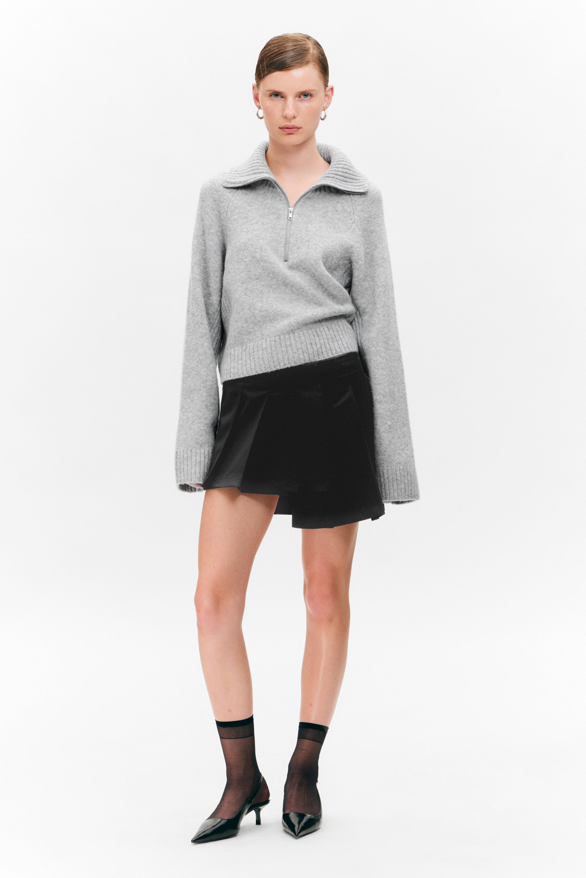 Black - Asymmetric Pleated Wrap Mini Skirt - 1