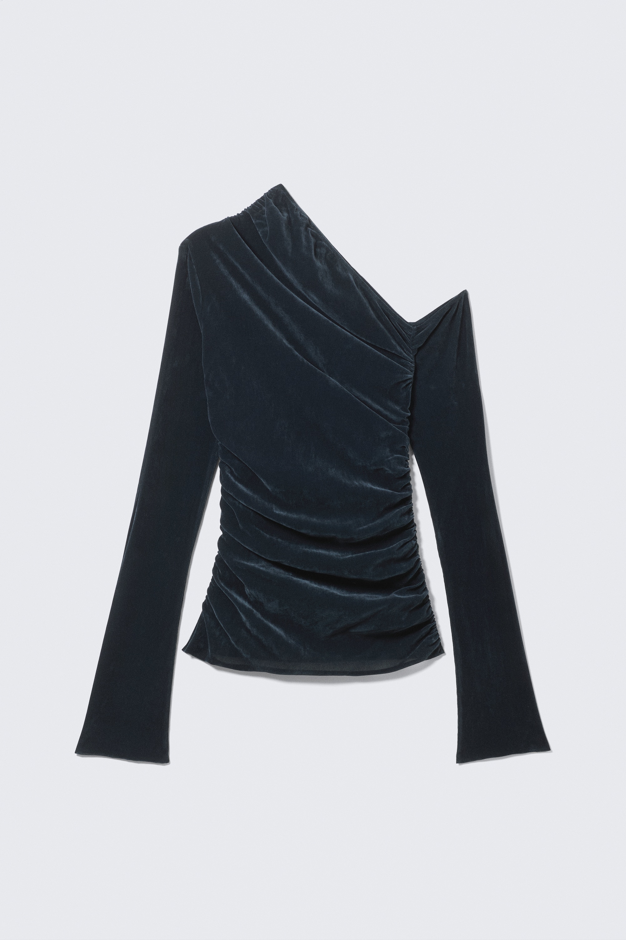 Draperet asymmetrisk top i velourmesh - Dark Blue