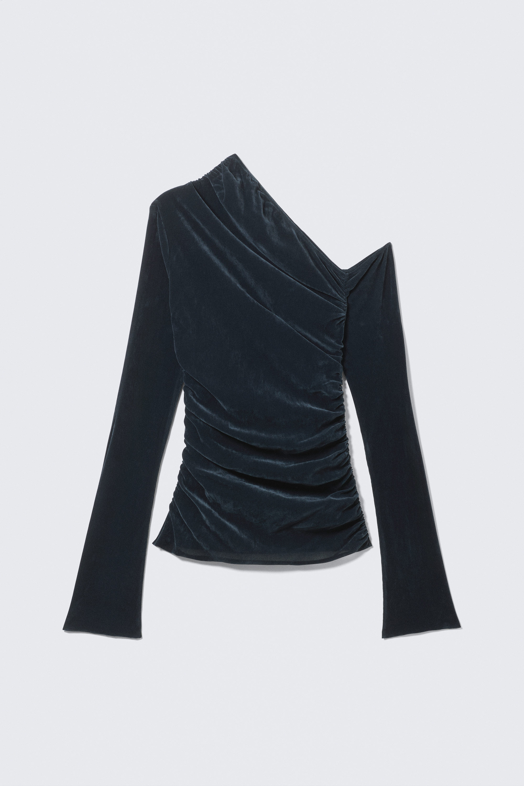 Dark Blue - Asymmetrisches Drape-Top aus beflocktem Mesh - 1