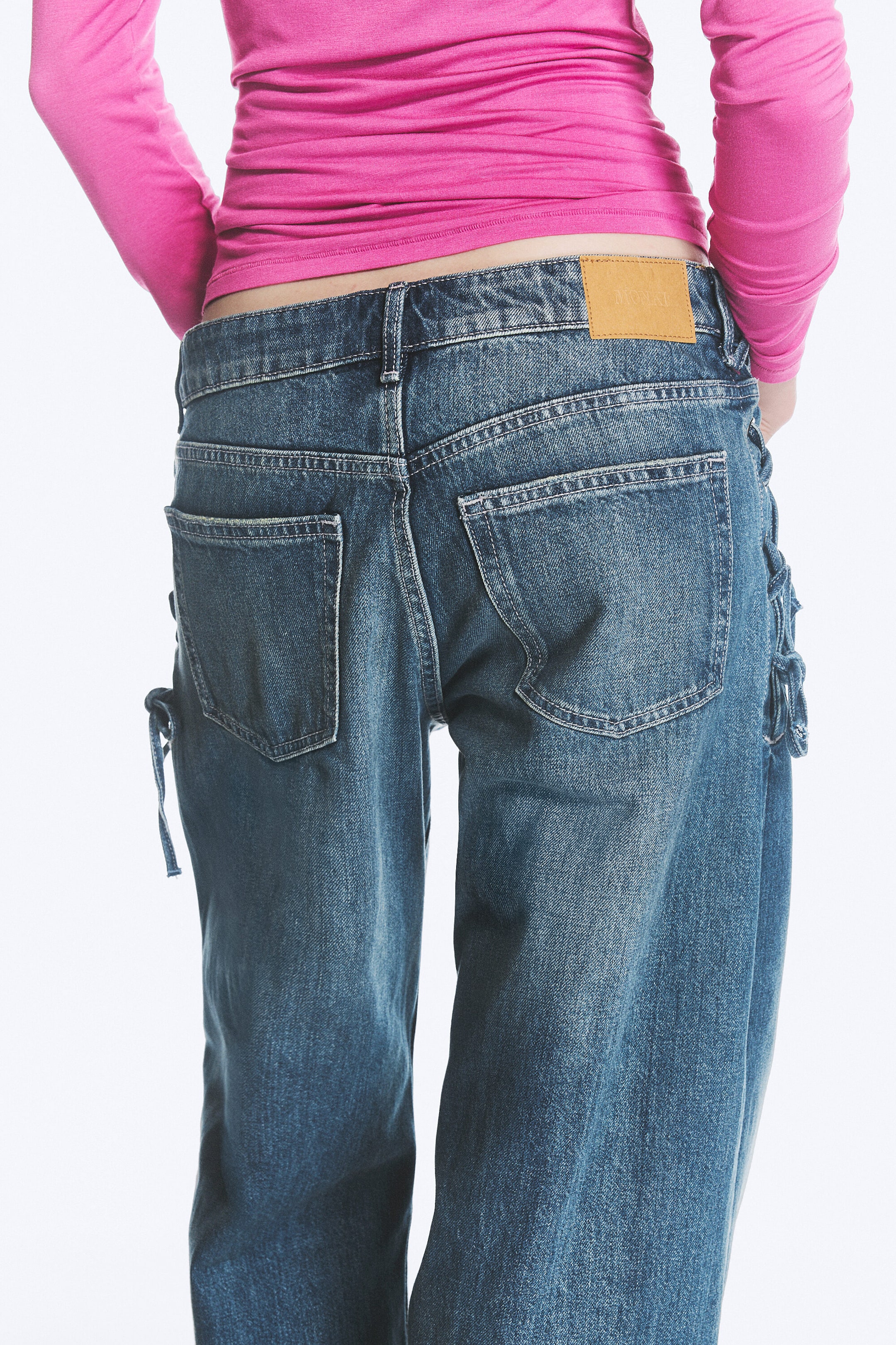 Snøring Blå - Mellomblå - IMOO LAVT LIV LØSE VIDE JEANS MED SNØRING - 4