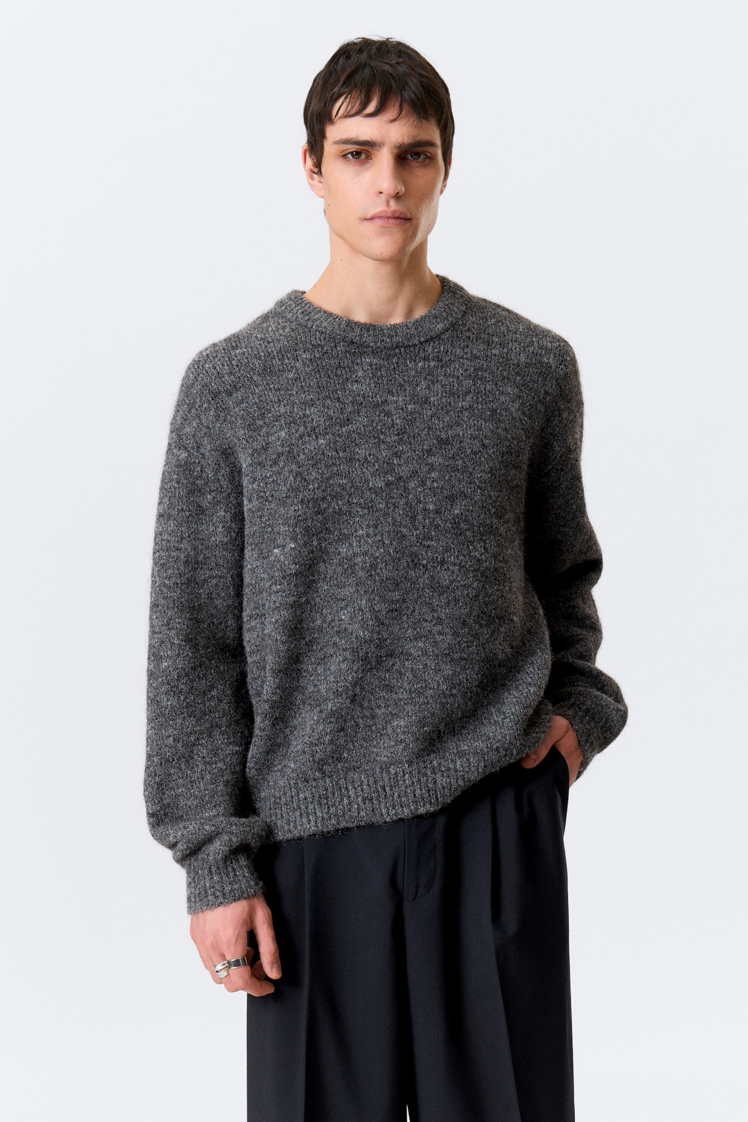 Sweter z domieszką wełny Regular Knitted - Ciemnoszary/Ciemnozielony/Dark Red Melange - 5