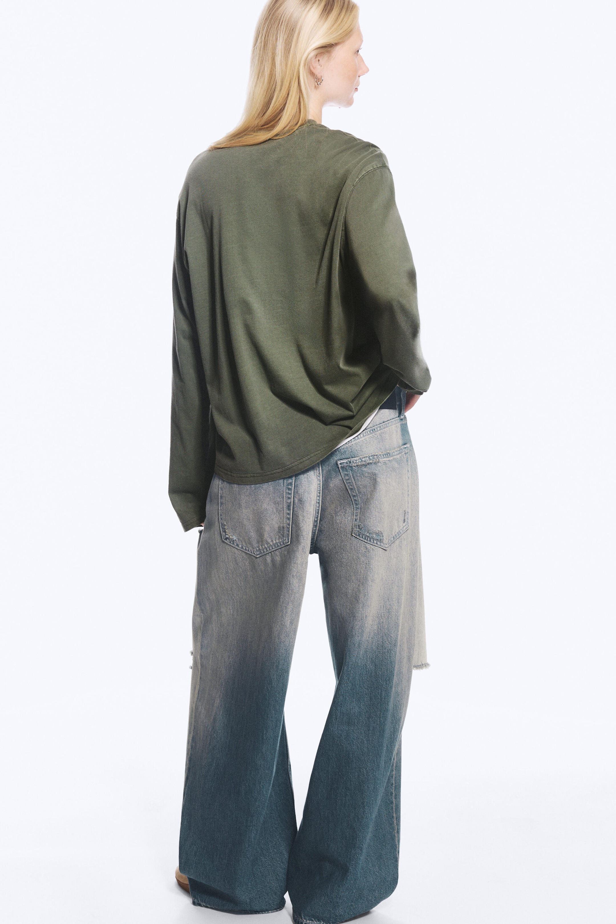 Washed Dark Khaki Green - Long-Sleeved Boxy Cotton T-shirt - 2