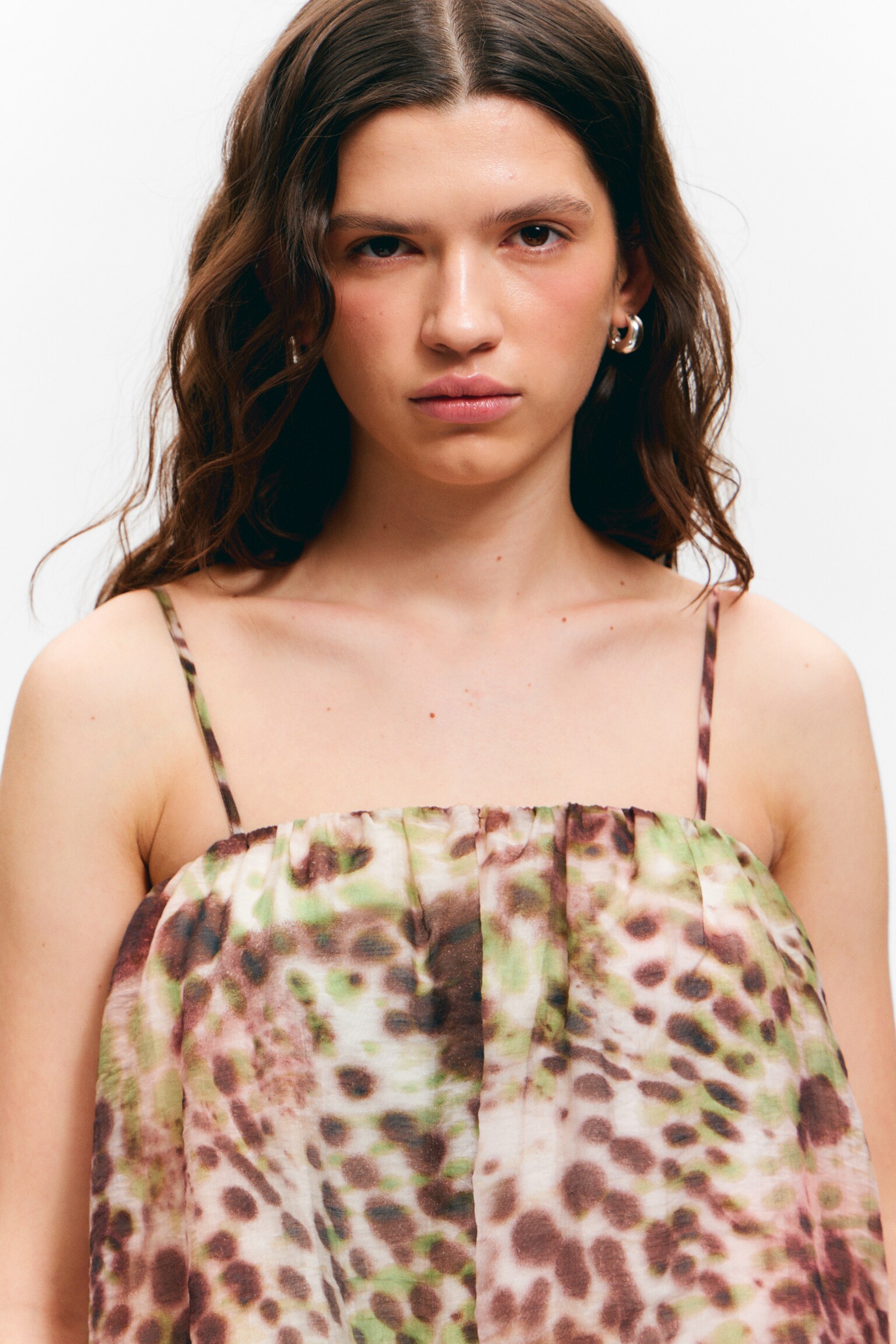 Sleeveless Balloon Mini Dress - Brown & Green Floral Dots/White/Red & Orange - Calypso Flower - 5