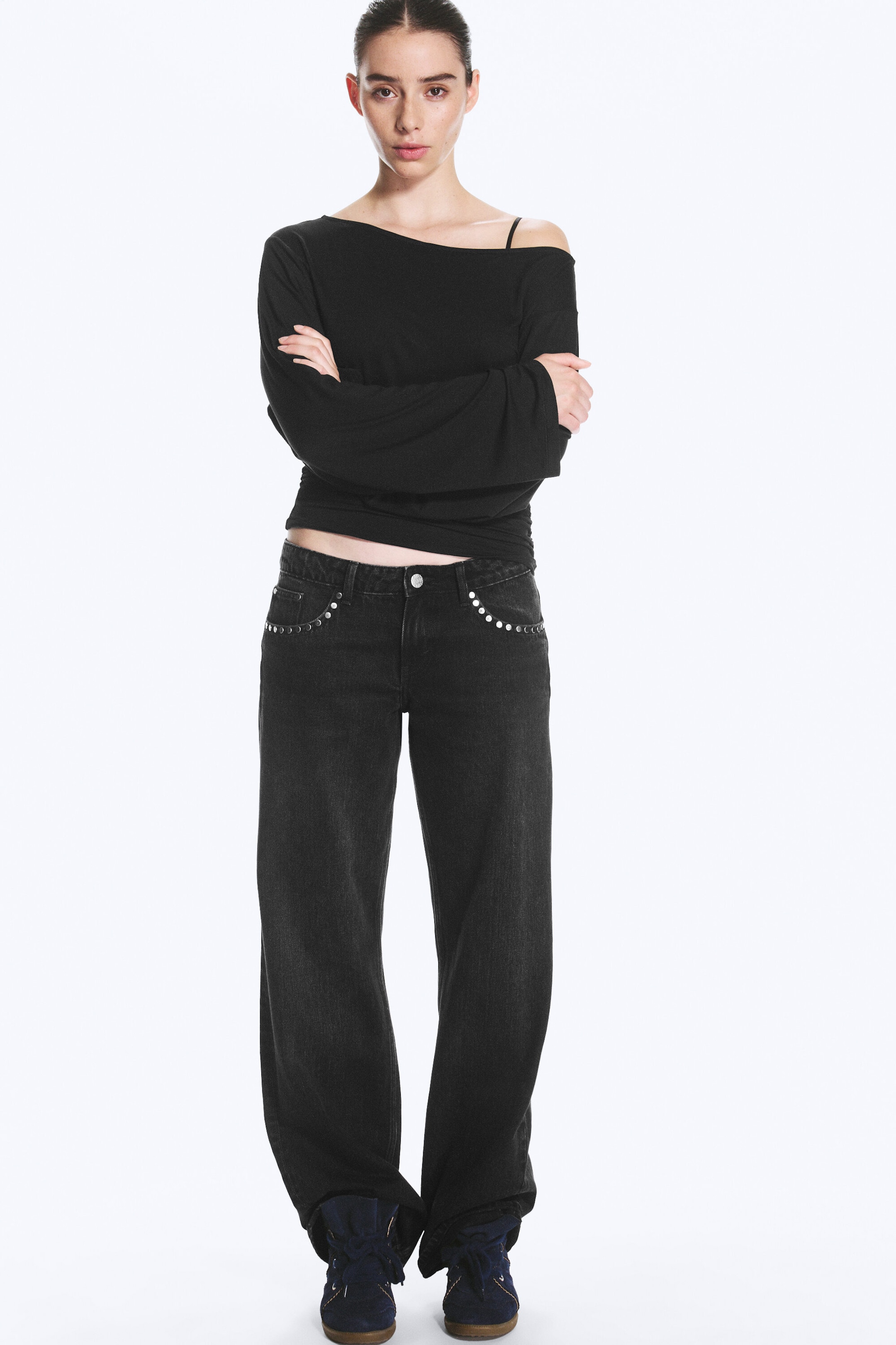 Ausgewaschenes Schwarz - IMOO LOW WAIST LOOSE STRAIGHT STUD JEANS - 2