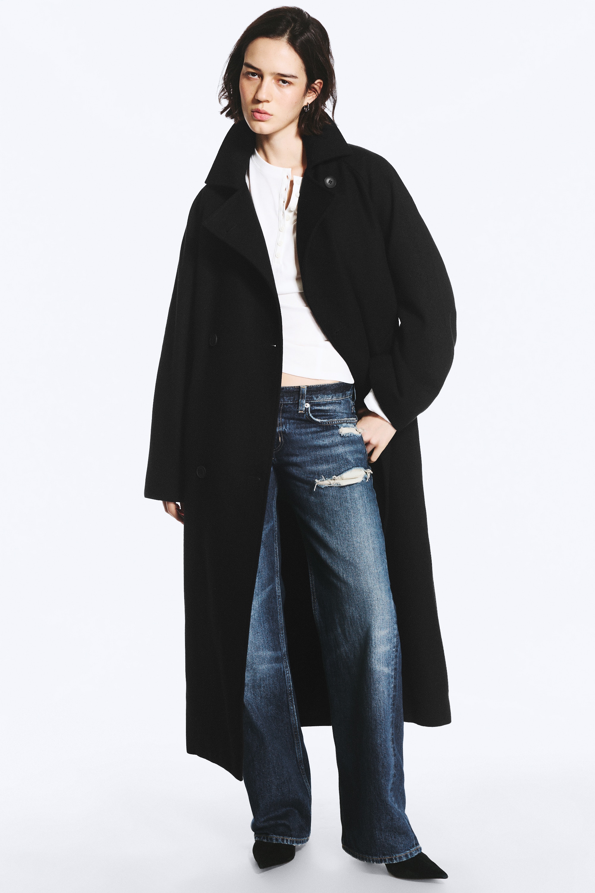Casaco Kia Oversized de Lã Mista com Abotoamento Duplo - Preto/Cinzento-escuro mesclado/Mole Escuro Mesclado