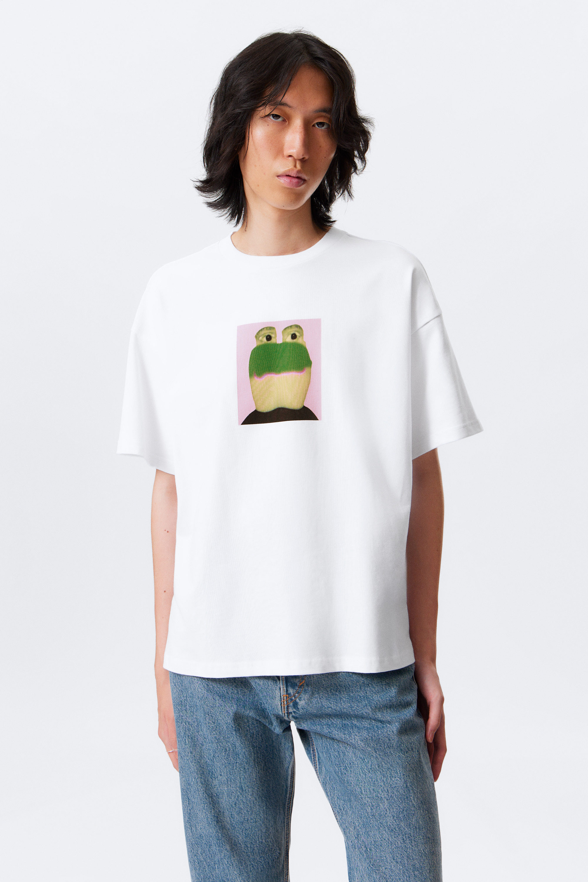 Weiß - Frog Man - Bedrucktes kastiges T-Shirt - 1