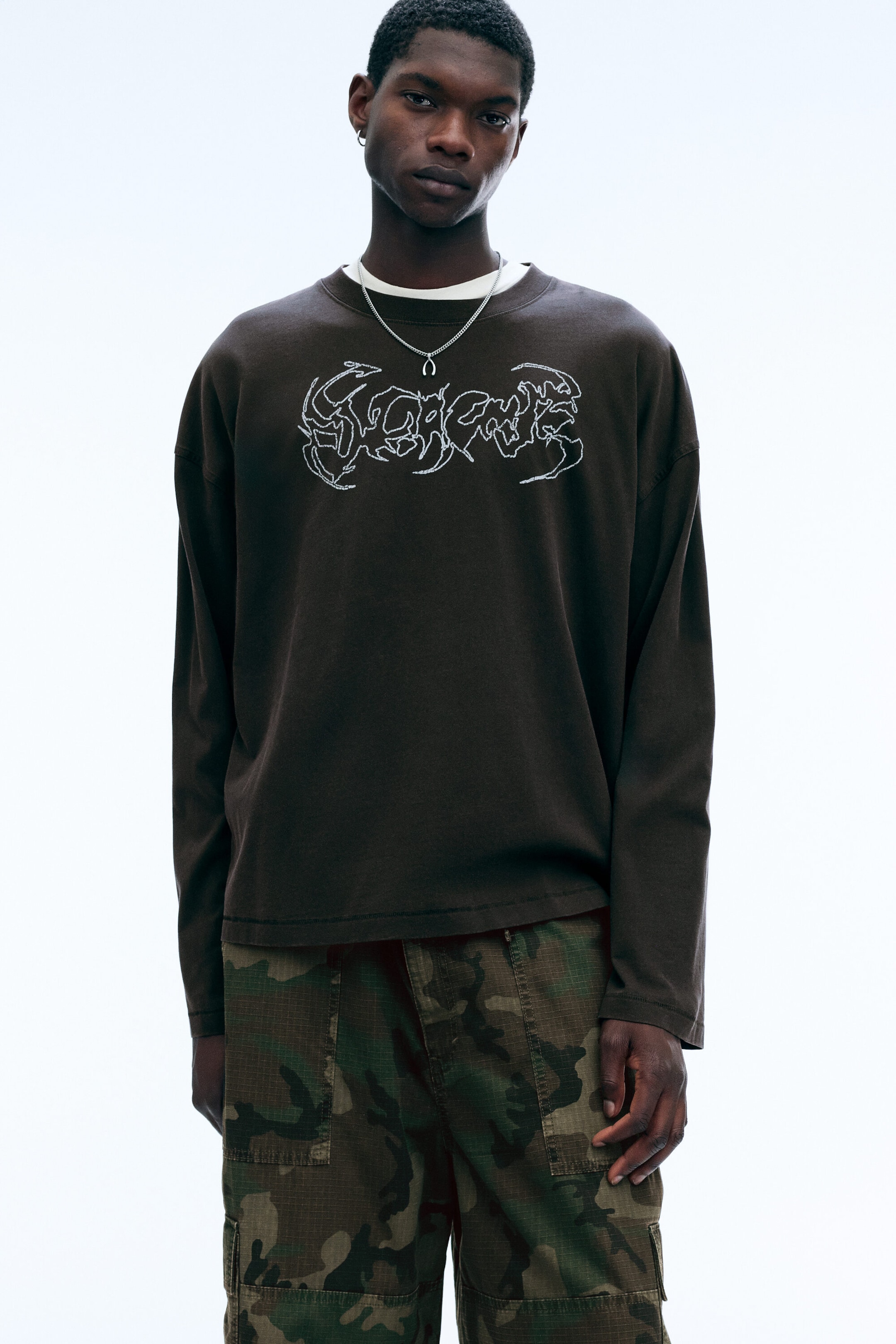 Dark Brown - Oversized Graphic Long-sleeve - 1