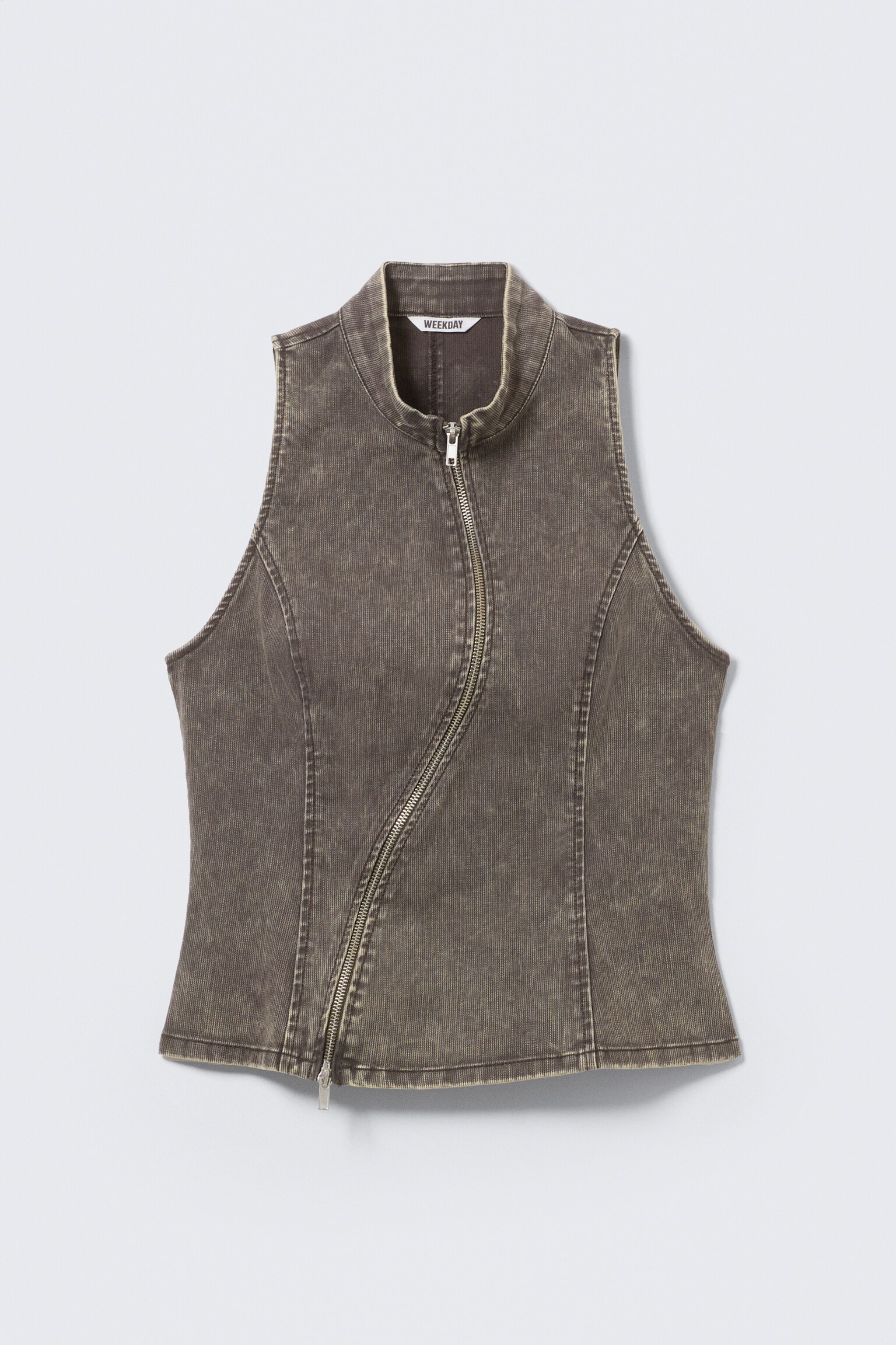 Curved Zip Sleeveless Top - Dark Grey - 2