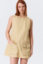 Jaune clair - Mini robe chasuble saharienne en toile de coton - 1