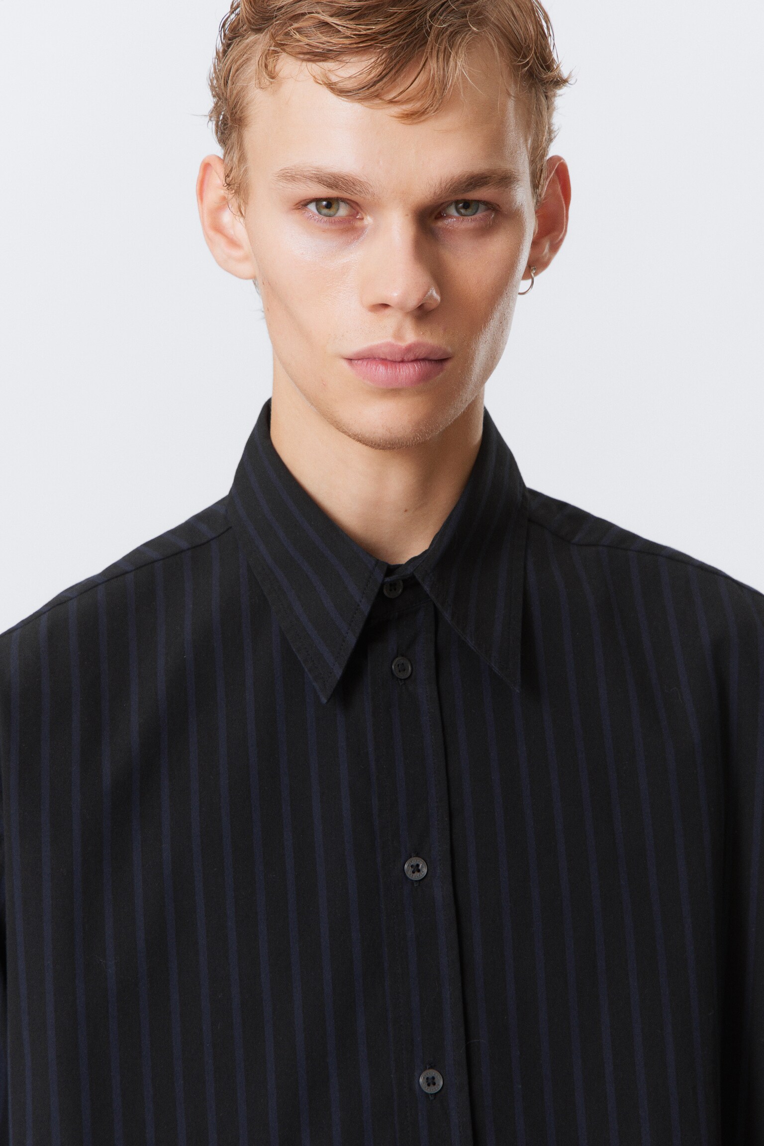 Oversized Button-Up Poplin Shirt - Black - Dark Blue Stripes - 7