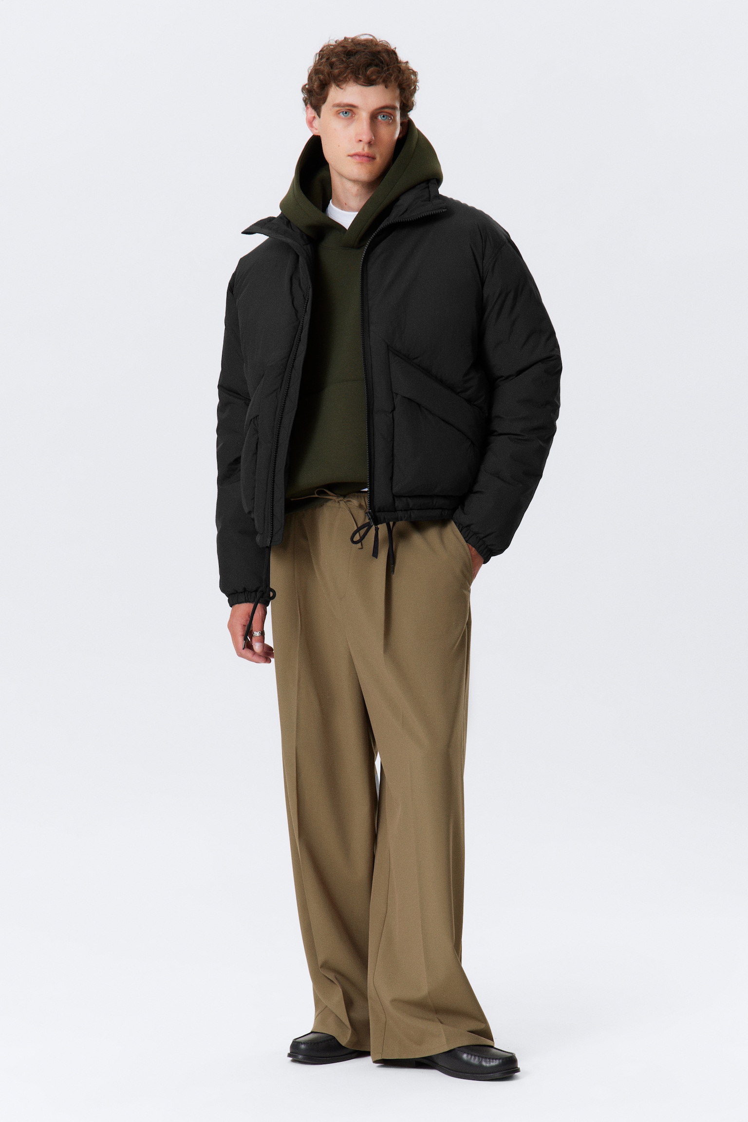 Padded Drawstring Nylon Jacket - Zwart/Saliegroen - 6