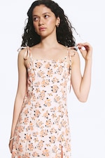 Hvit – Rosa Blomstermønster - Midi Square Neck Slit Dress - 1