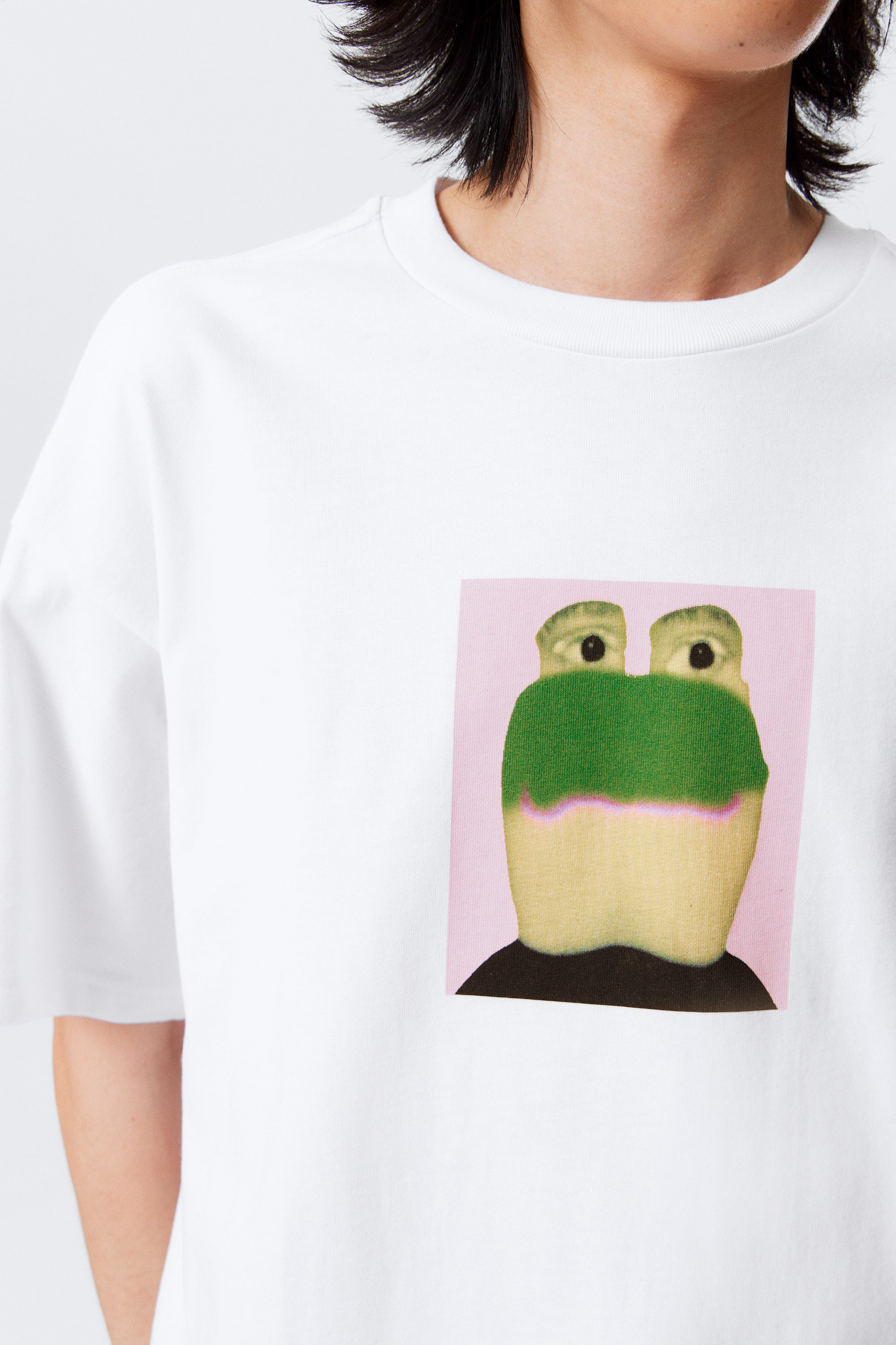 Weiß - Frog Man - Bedrucktes kastiges T-Shirt - 2