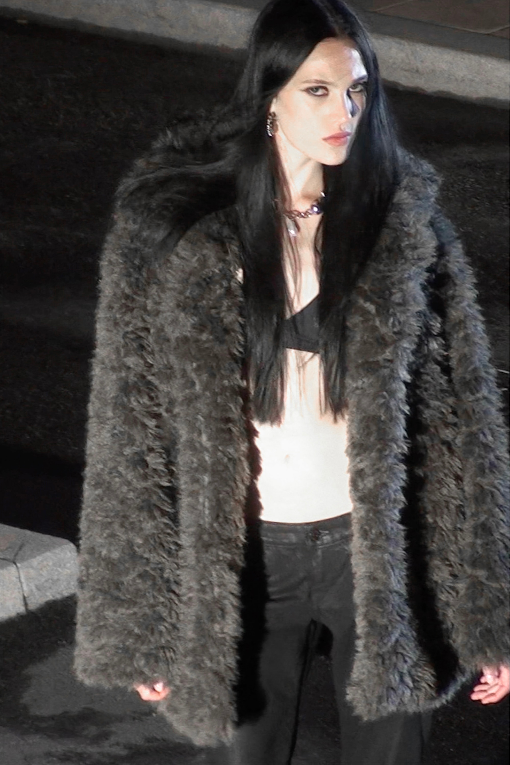 Loose Fit Faux Fur Jacket - Σκούρο Μολ Μελάνζ