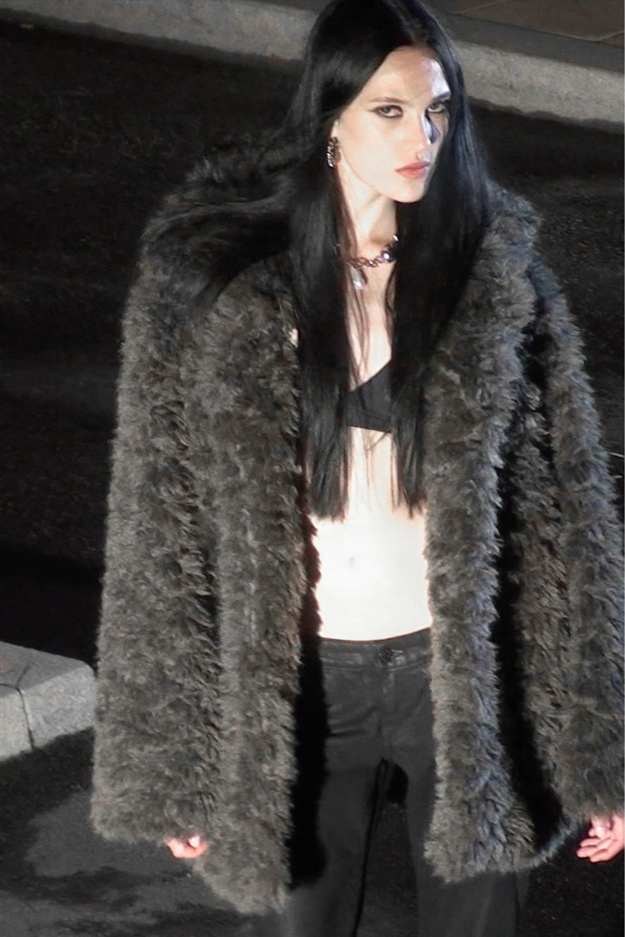 Dark Mole Melange - Loose Fit Faux Fur Jacket - 1