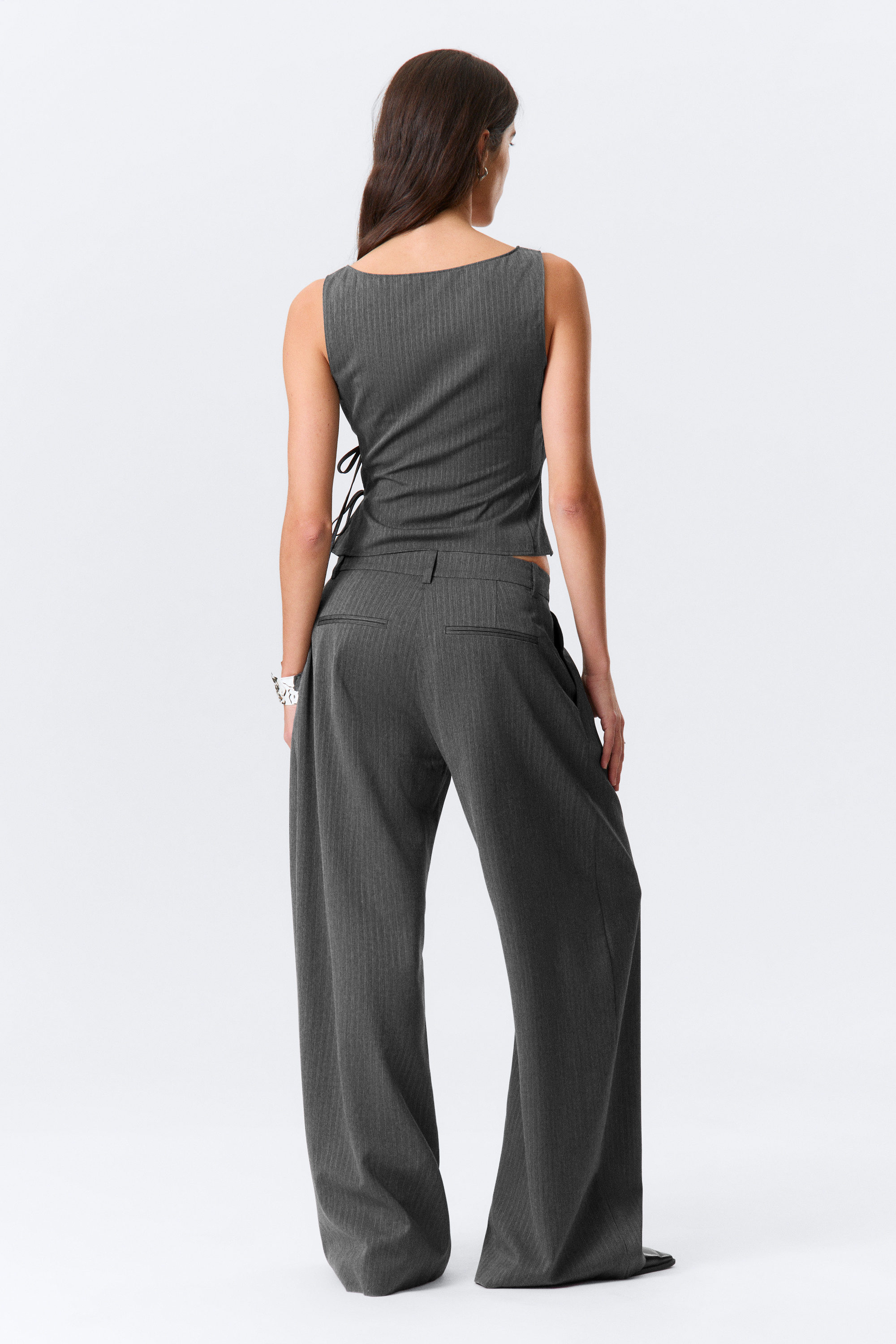 Pinstriped Grey Melange - Low Waist Wide Suiting Trousers - 3