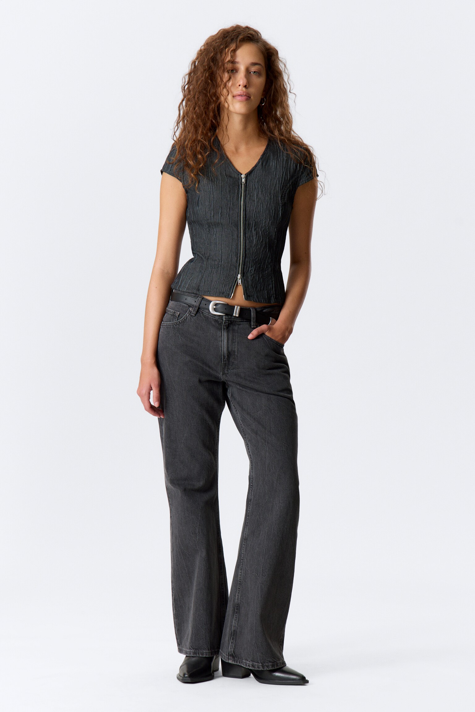 Structured Zip V-Neck Top - Dark Blue - 4
