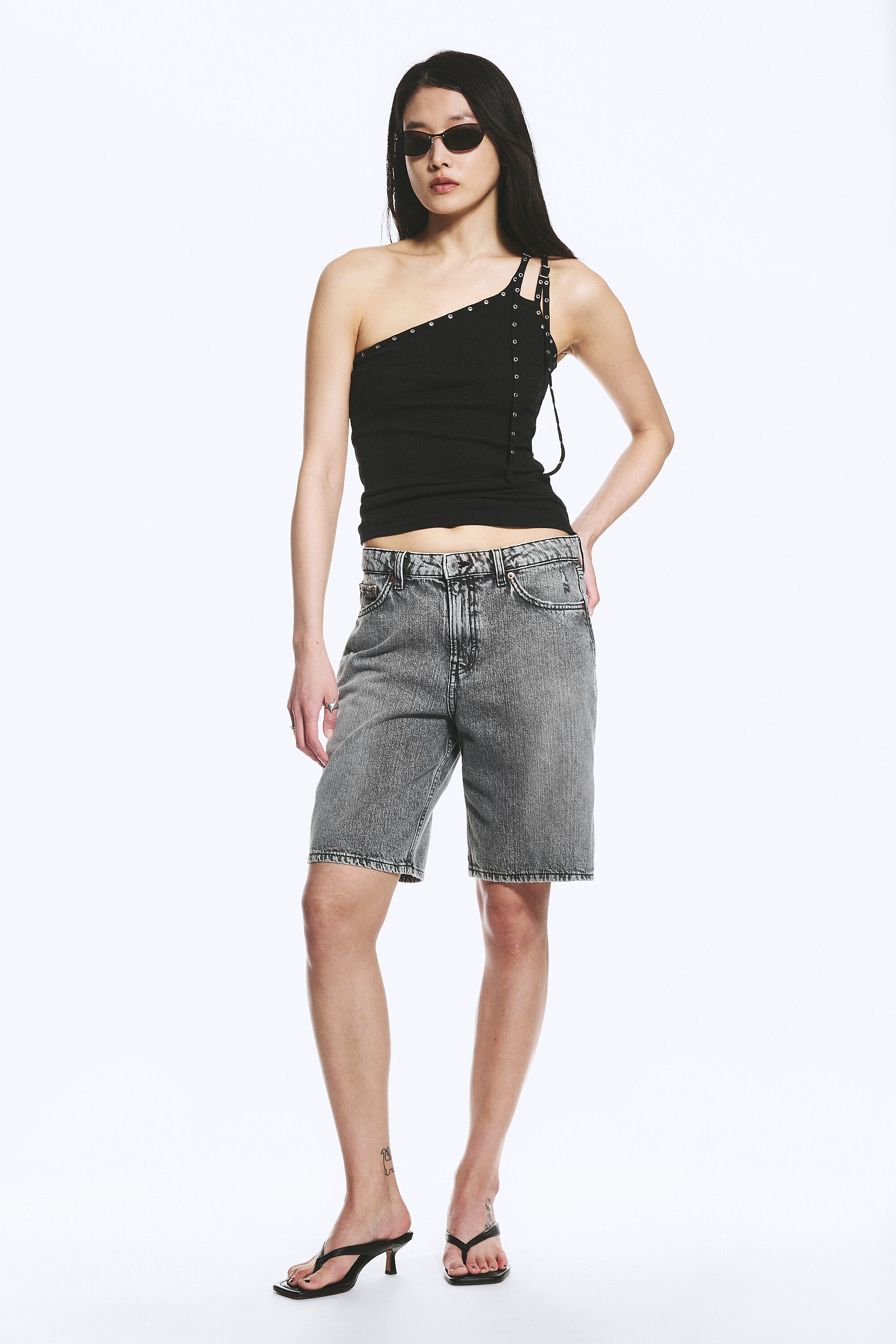 eyelet detail asymmetric tank top - Black | Weekday EU