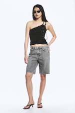 Black - Eyelet Detail Asymmetric Tank Top - 1