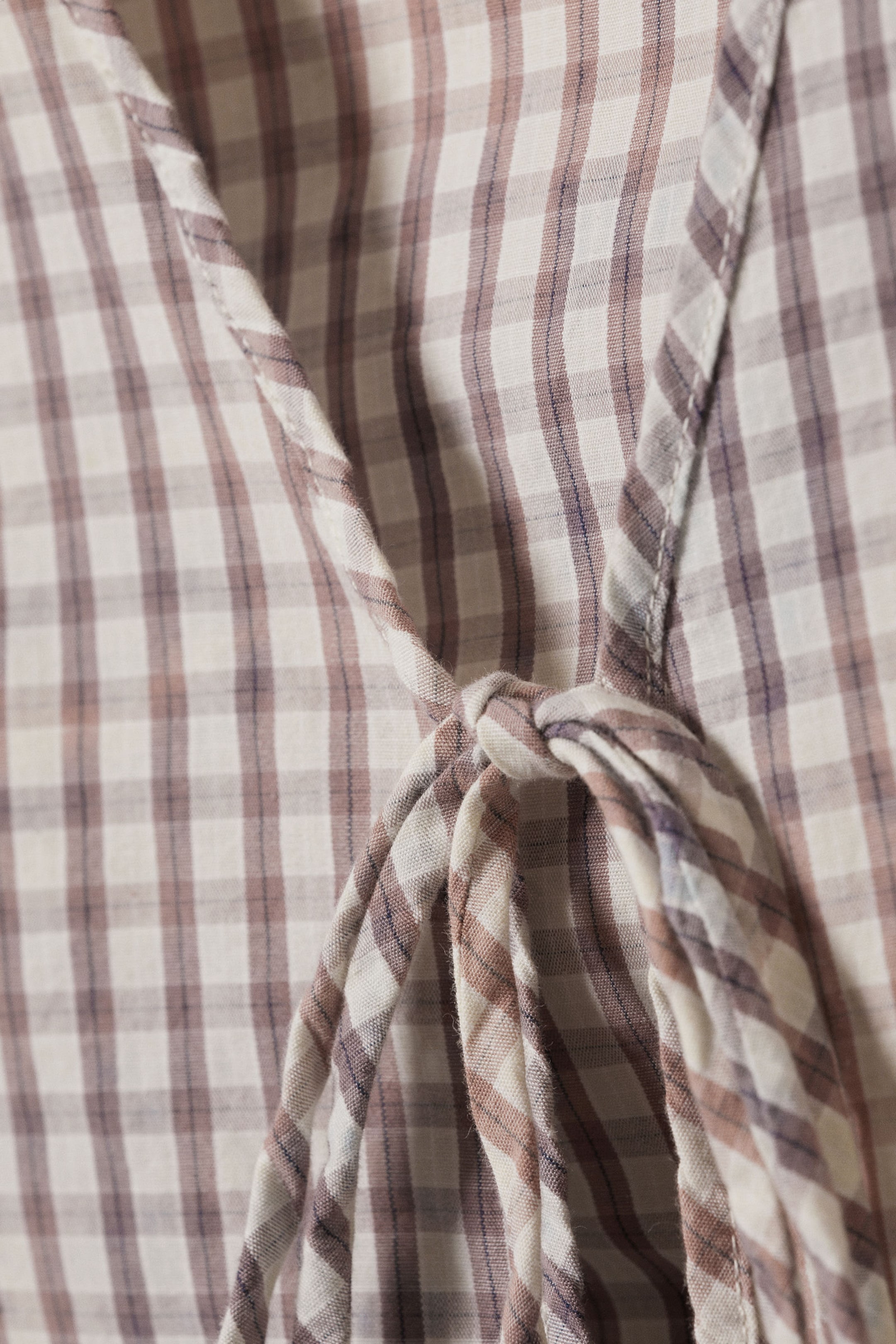 Checked Blue - Bleach Effect - Tie-Front V-neck Cotton Blouse - 5
