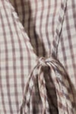 Checked Blue - Bleach Effect - Tie-Front V-neck Cotton Blouse - 5