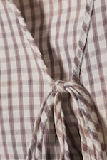 Checked Blue - Bleach Effect - Tie-Front V-neck Cotton Blouse - 1