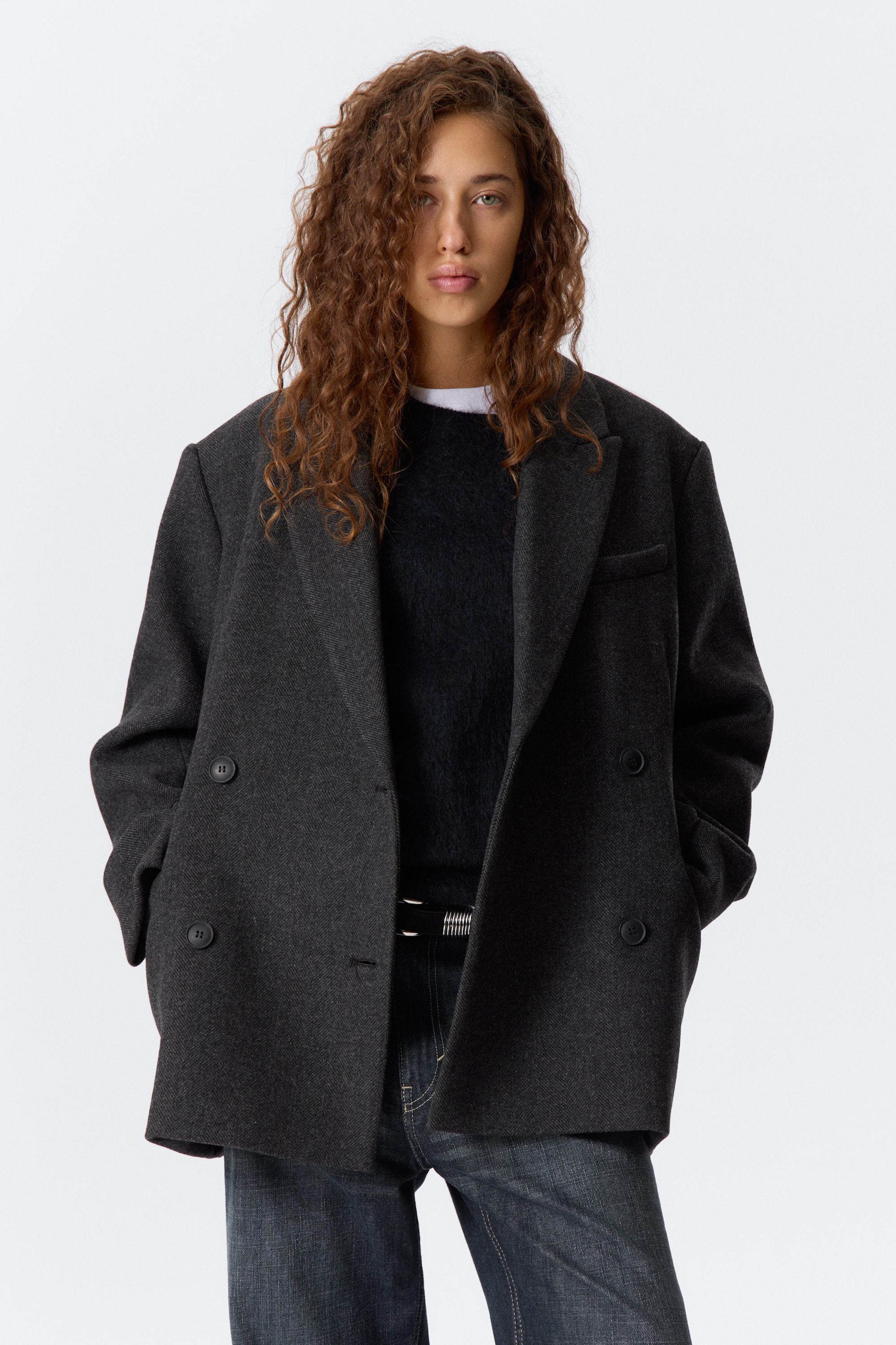 Dark Grey - Herringbone - Oversized Wool-Blend Double-Breasted Blazer - 3