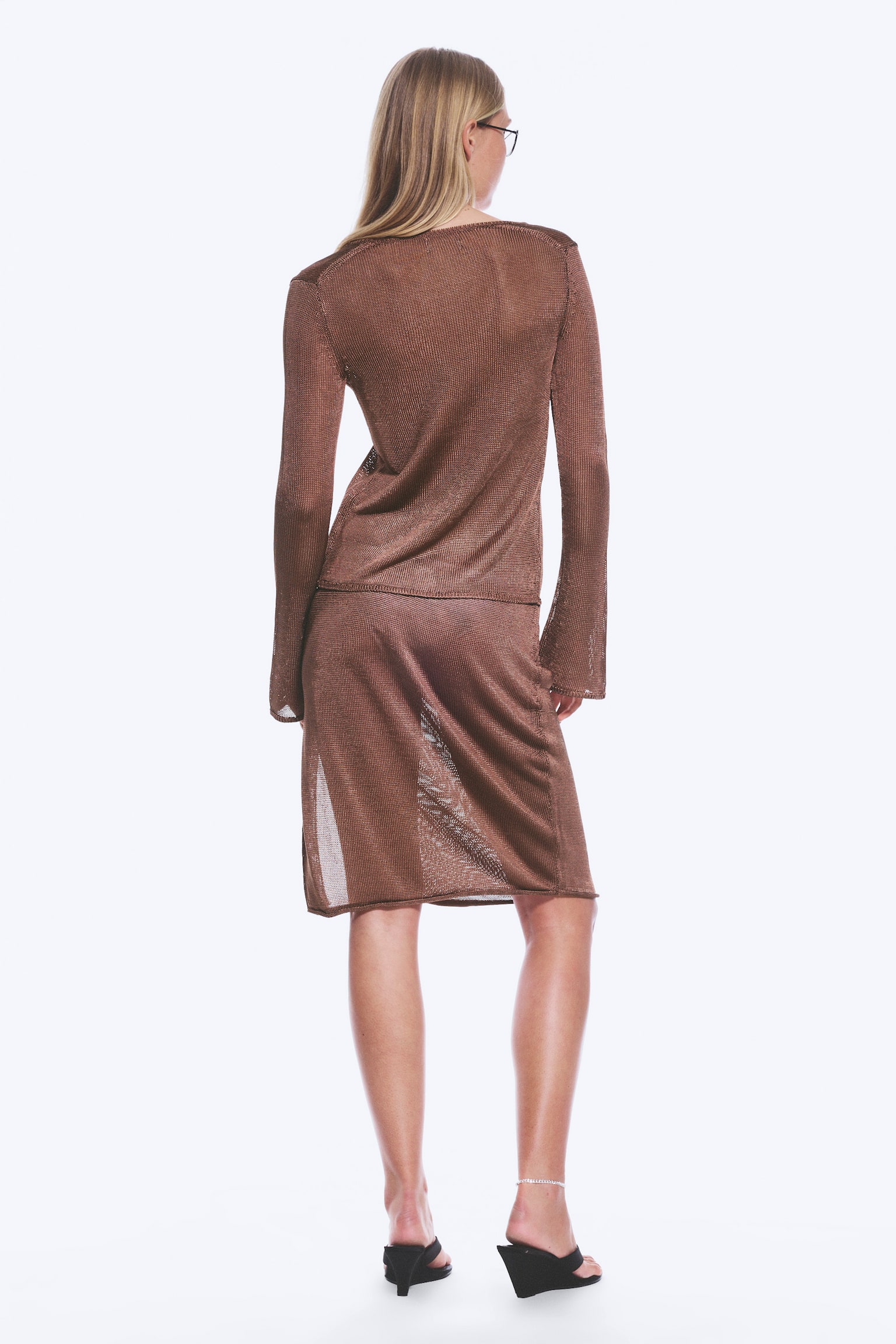 Gebreide midirok met halfhoge taille-Bruin - 4