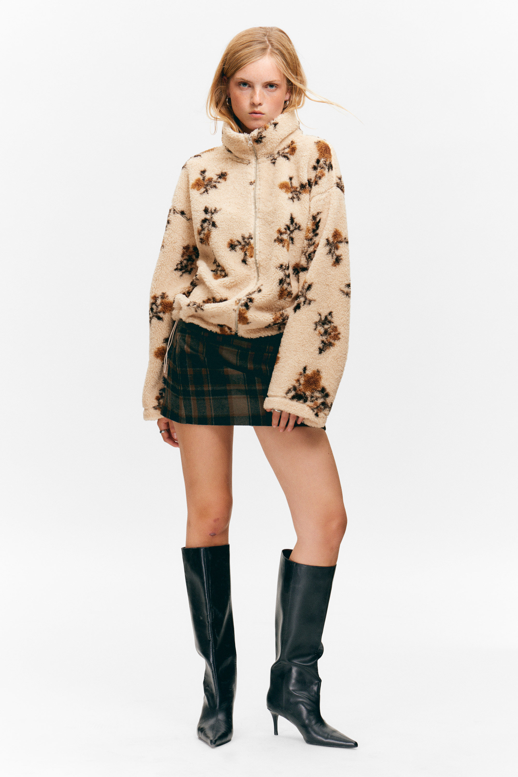 Beige - Brown Floral Print - Pile Fleece Zip Jacket - 2