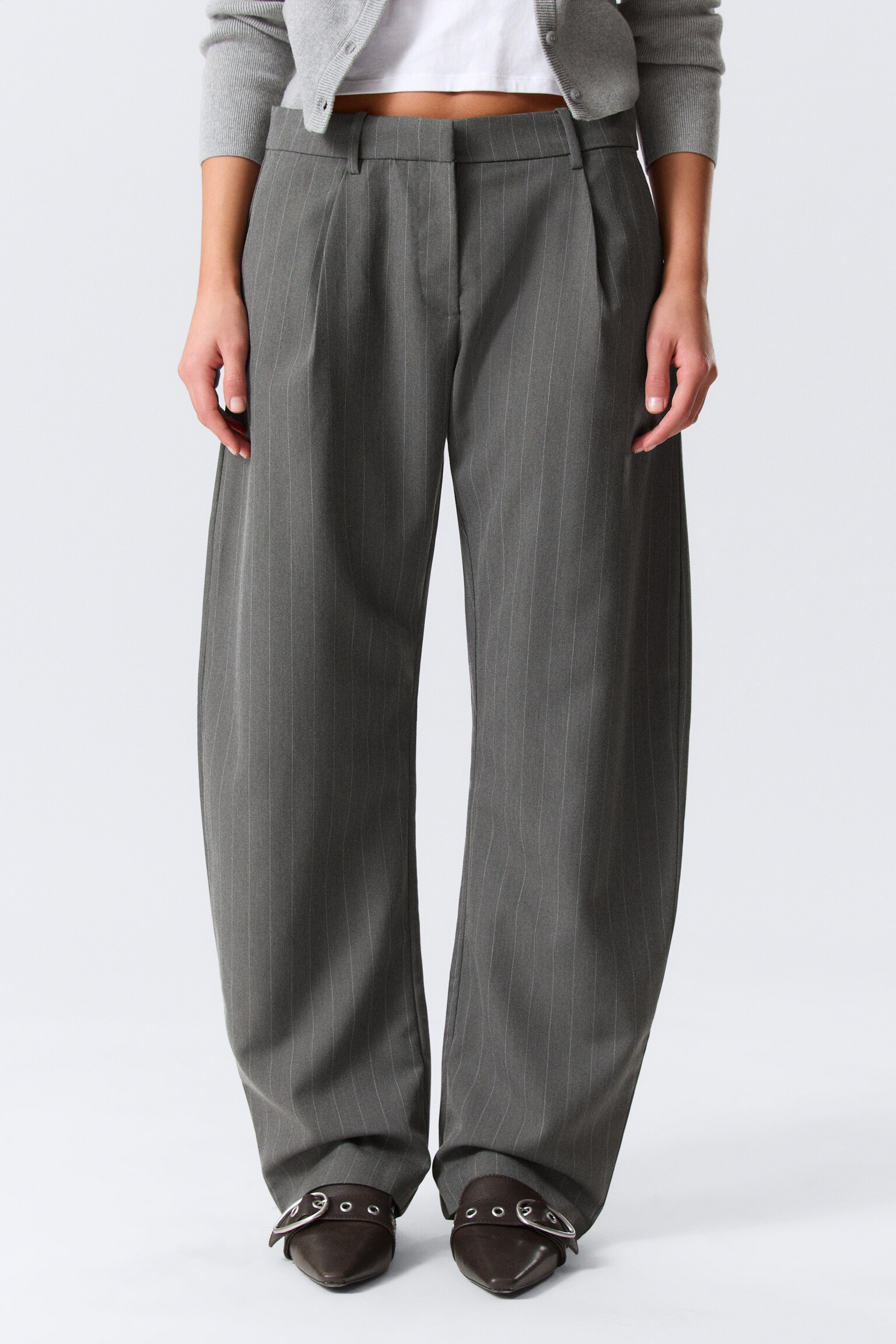 Loose Fit Barrel Leg Suiting Trousers - Striped Dark Grey Melange/Black - 5