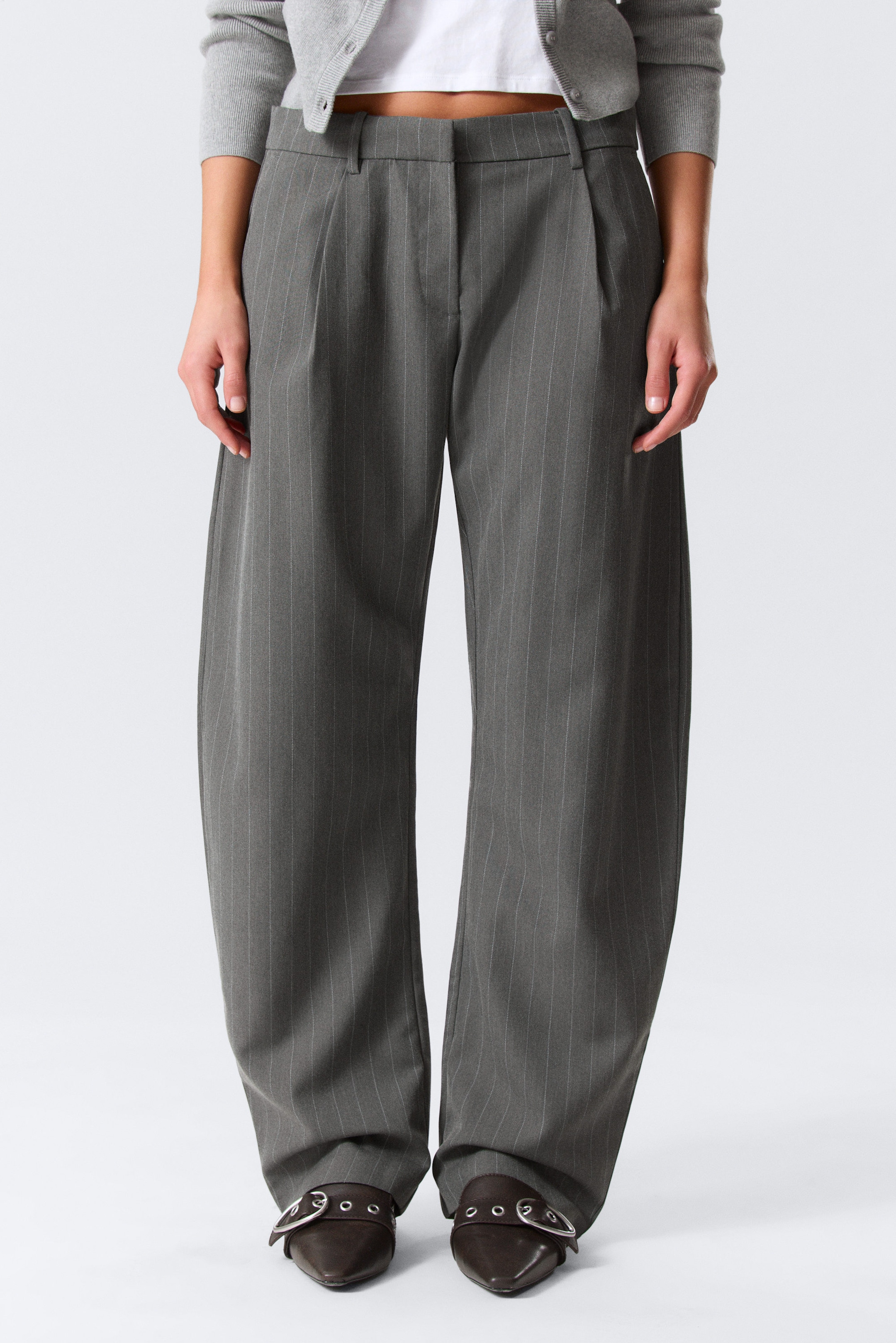 Striped Dark Grey Melange - Loose Fit Barrel Leg Suiting Trousers - 2