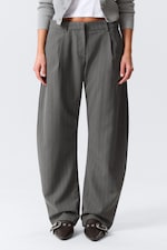 Striped Dark Grey Melange - Loose Fit Barrel Leg Suiting Trousers - 1