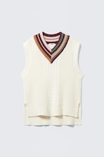 Vit - Kontrastkrage - V-ringad flätstickad bomullsväst - 0
