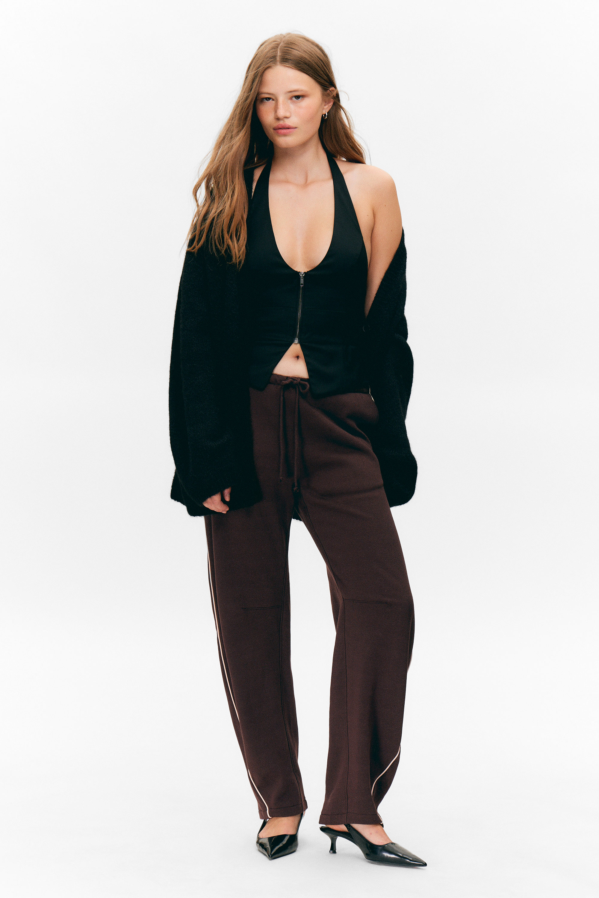 Dark Brown - Low Rise Barrel Leg Sweatpants - 1
