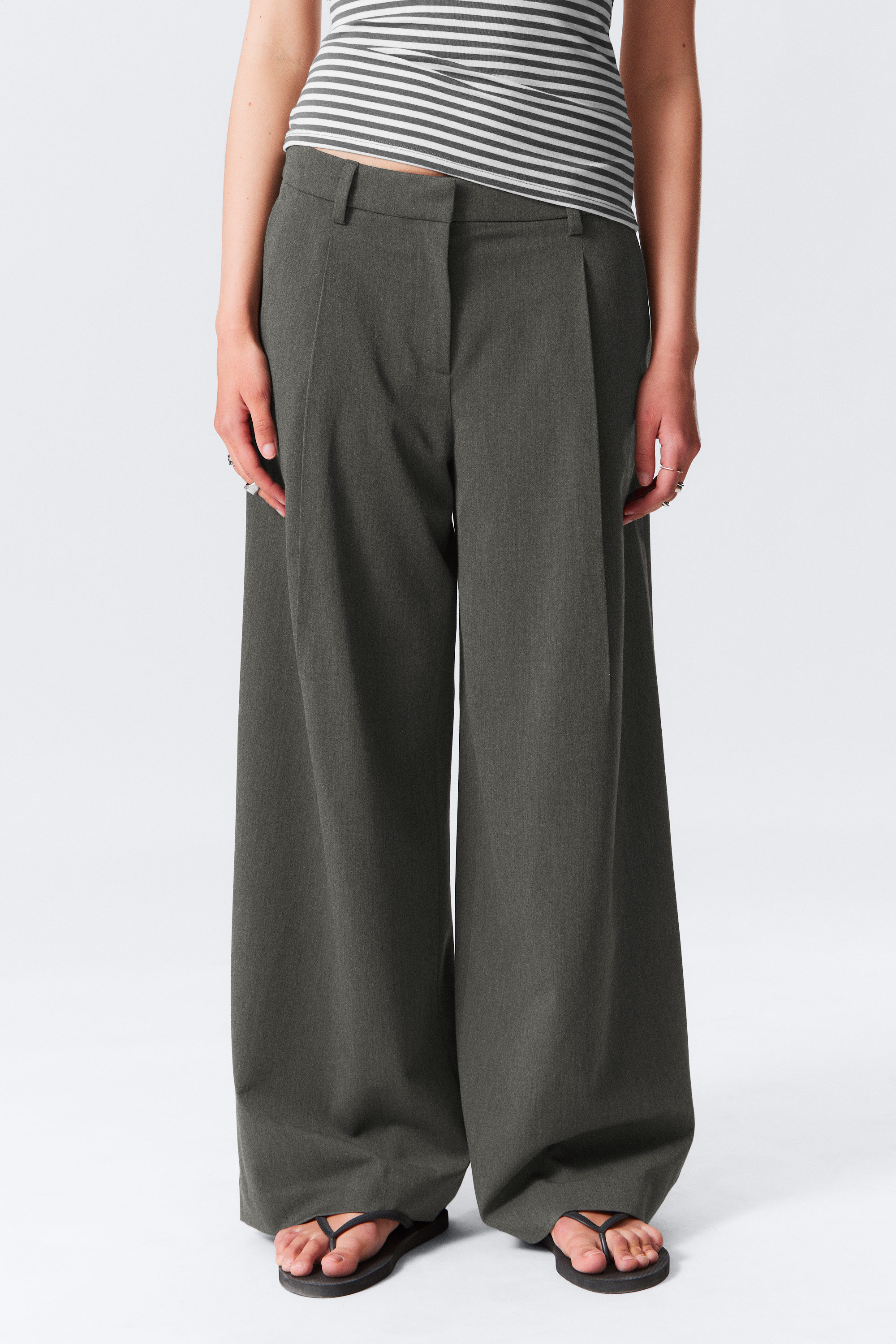 Dark Grey Melange - Low Rise Wide Leg Pleated Suiting Trousers - 2