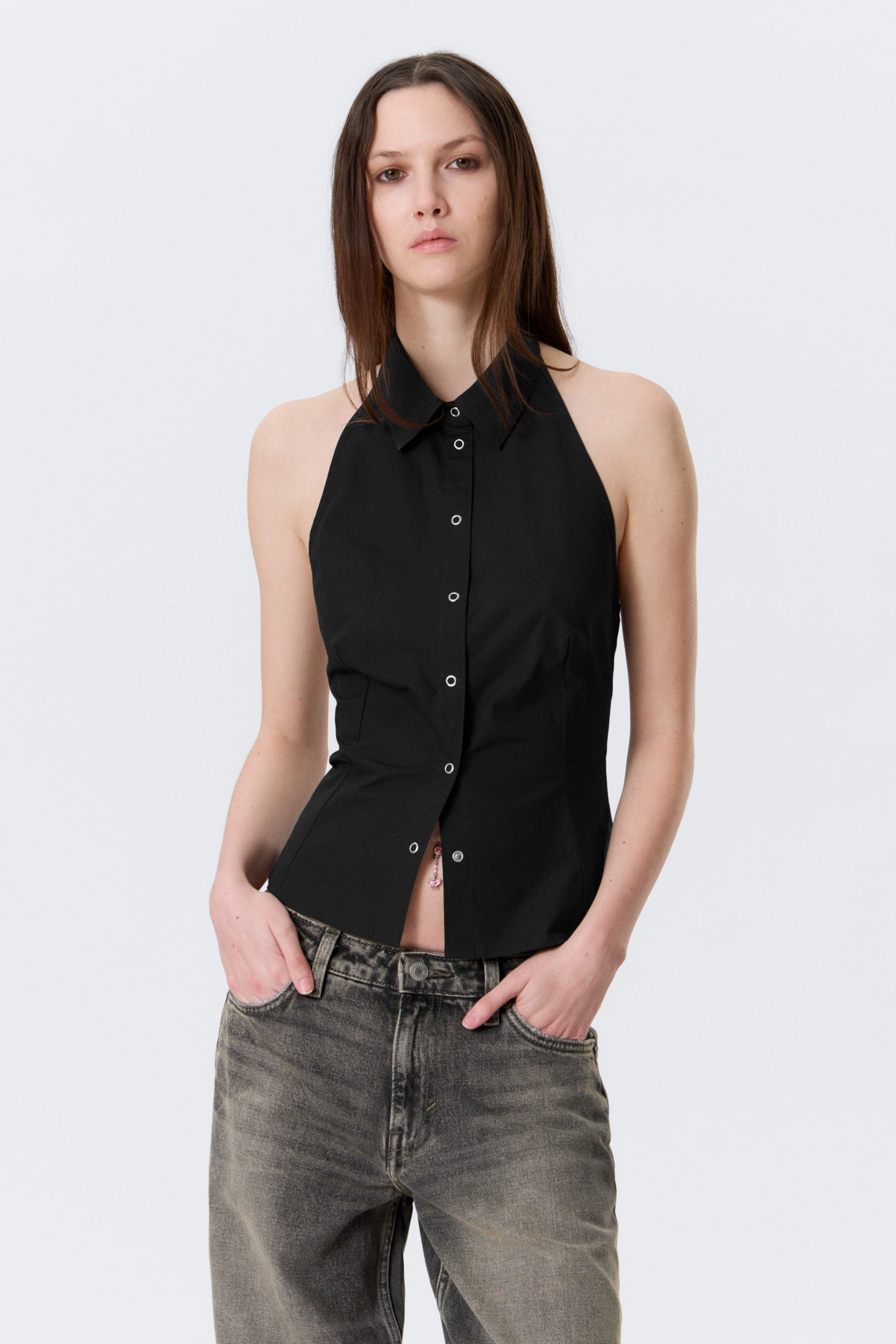 Black - Sleeveless Halterneck Shirt Top - 1