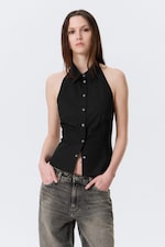 Black - Sleeveless Halterneck Shirt Top - 0