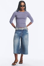 Striped Dusty Blue - Fitted Three-Quarter Sleeve Top - 2