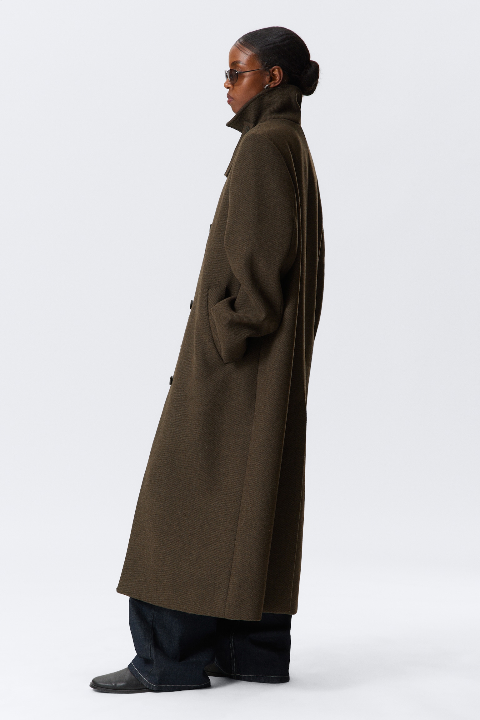 Long Oversized Wool-Blend Coat - Marrón oscuro/Negro - 5